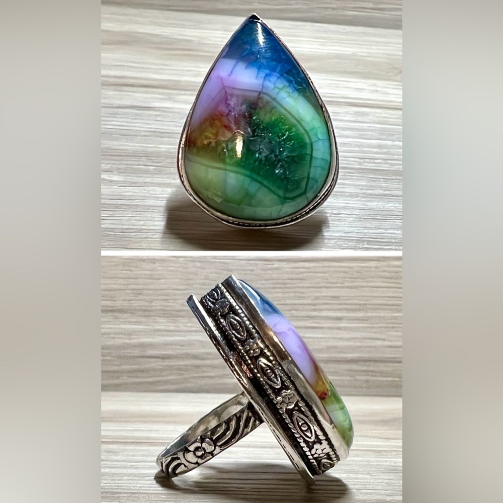 Handmade Sterling Silver Natural Rainbow Solar Quartz Cocktail Ring, Size 6.5